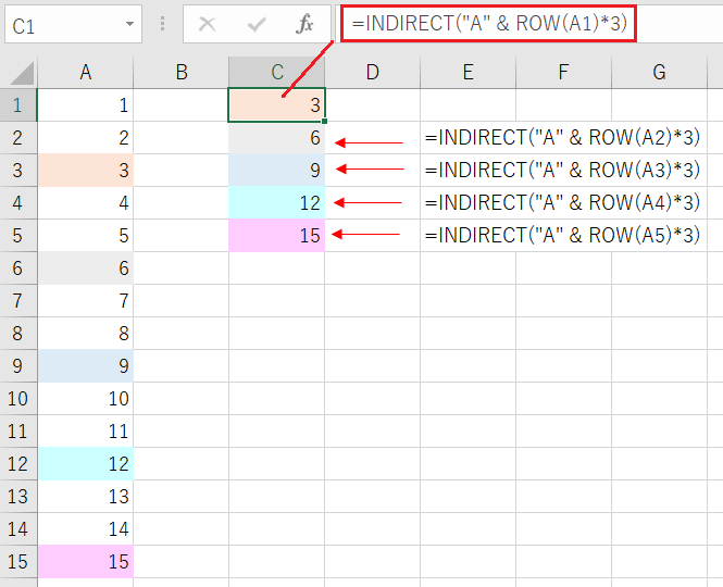 INDIRECT関数とROW関数を使って